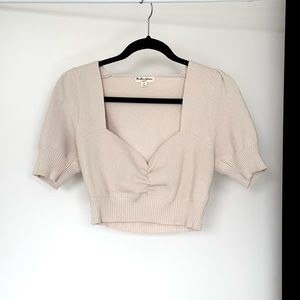 For Love & Lemons Soft Knit Sweetheart Neckline Puffy Sleeve Cropped Top